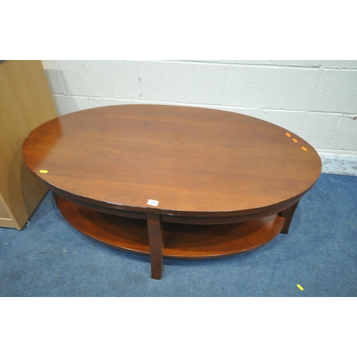 1261 - A MODERN MAHOGANY OVAL COFFEE TABLE, united by an undershelf, 120cm x depth 70cm x height 46cm, and ... 