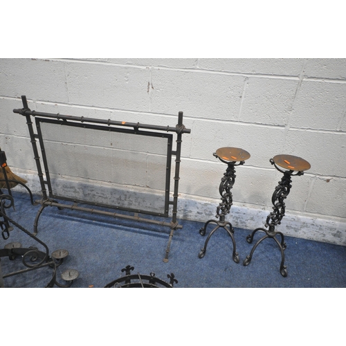 1268 - A SELECTION OF WROUGHT IRON METALWARE, to include two circular chandeliers, mesh fire screen, pair o... 