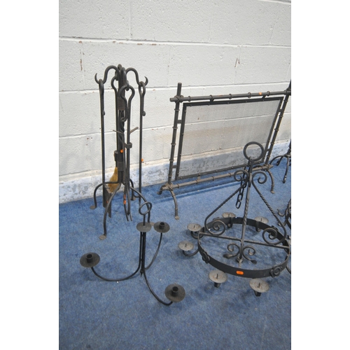 1268 - A SELECTION OF WROUGHT IRON METALWARE, to include two circular chandeliers, mesh fire screen, pair o... 