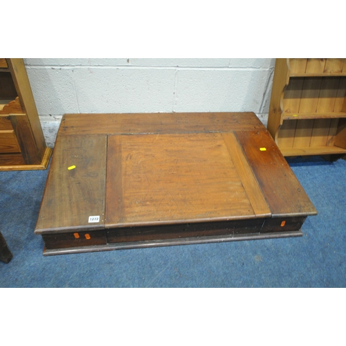 1272 - A GEORGIAN WALNUT SLOPPING TABLE TOP DESK, along with two pine shelves, and a corner stick stand (co... 