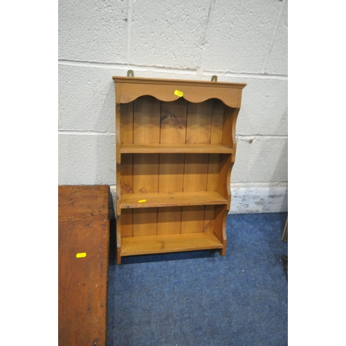 1272 - A GEORGIAN WALNUT SLOPPING TABLE TOP DESK, along with two pine shelves, and a corner stick stand (co... 