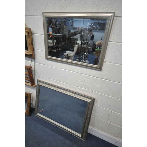 1275 - A MODERN SILVERED FRAME BEVELLED EDGE WALL MIRROR, 107cm x 77cm, another silver wall mirror, a rusti... 