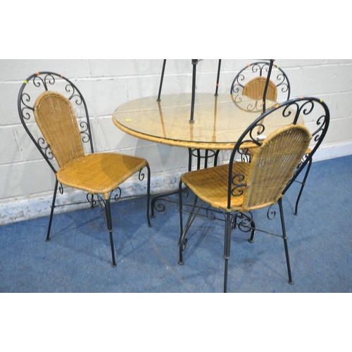 1278 - A MODERN METAL AND WICKER CIRCULAR TABLE, with a toughened glass top, diameter 91cm x height 74cm an... 