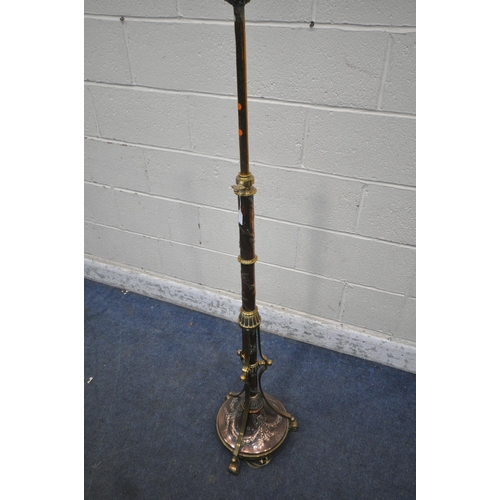 1279 - AN EDWARDIAN BRASS AND COPPER TELESCOPIC CONVERTED STANDARD LAMP, with pressed copper decoration, ma... 