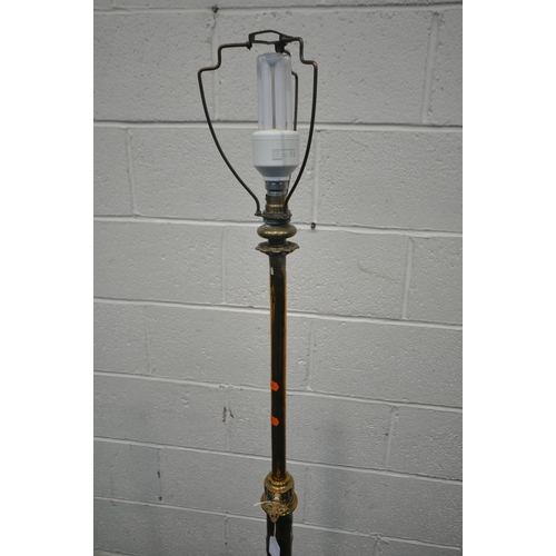 1279 - AN EDWARDIAN BRASS AND COPPER TELESCOPIC CONVERTED STANDARD LAMP, with pressed copper decoration, ma... 