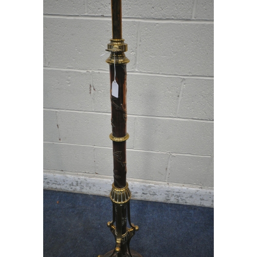 1279 - AN EDWARDIAN BRASS AND COPPER TELESCOPIC CONVERTED STANDARD LAMP, with pressed copper decoration, ma... 