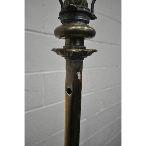 1279 - AN EDWARDIAN BRASS AND COPPER TELESCOPIC CONVERTED STANDARD LAMP, with pressed copper decoration, ma... 