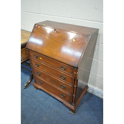 1281 - A MAHOGANY DROP LEAF SOFA TABLE, with a brown leather writing surface, and two drawers, width 94cm x... 