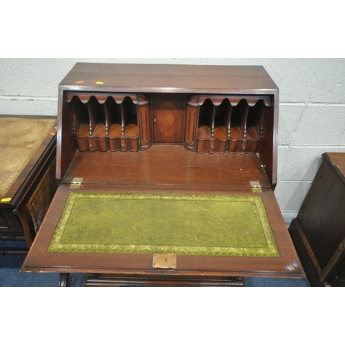 1281 - A MAHOGANY DROP LEAF SOFA TABLE, with a brown leather writing surface, and two drawers, width 94cm x... 