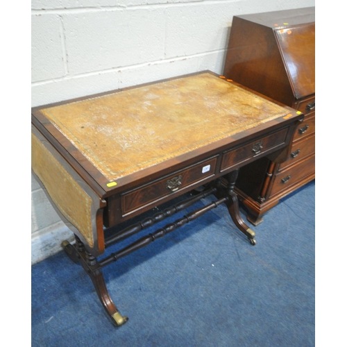 1281 - A MAHOGANY DROP LEAF SOFA TABLE, with a brown leather writing surface, and two drawers, width 94cm x... 