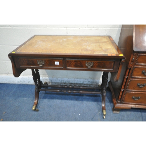 1281 - A MAHOGANY DROP LEAF SOFA TABLE, with a brown leather writing surface, and two drawers, width 94cm x... 