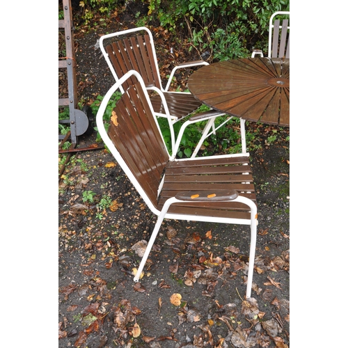 1010 - A DANISH MID CENTURY GARDEN TABLE AND FOUR CHAIRS BADGED 'BKS' TO UNDERSIDE OF TABLE diameter 100cm ... 