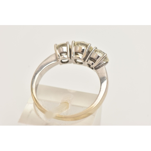 10 - AN 18CT WHITE GOLD THREE STONE DIAMOND RING, designed as three brilliant cut diamonds in claw settin... 