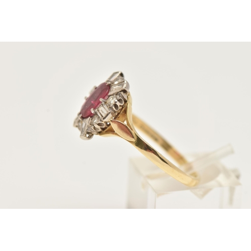 11 - AN 18CT GOLD RUBY AND DIAMOND RING, an oval cut ruby, set with a surround of six baguette cut diamon... 