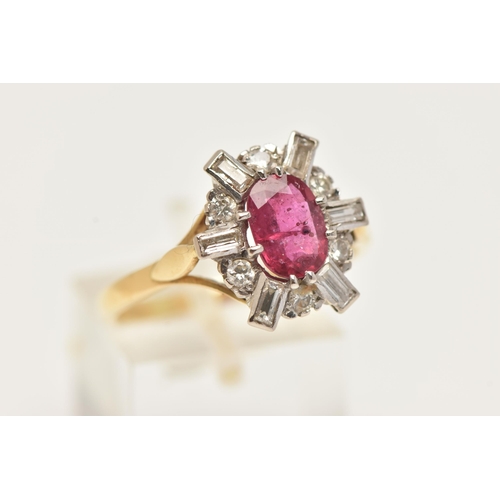 11 - AN 18CT GOLD RUBY AND DIAMOND RING, an oval cut ruby, set with a surround of six baguette cut diamon... 