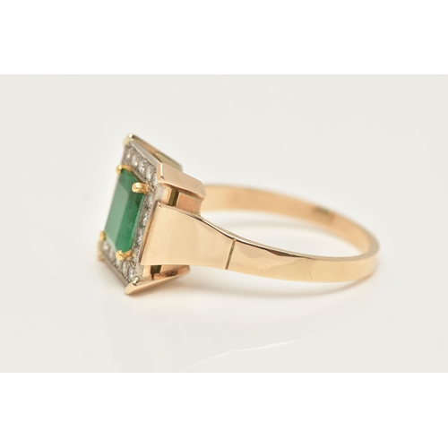 12 - A YELLOW METAL EMERALD AND DIAMOND CLUSTER RING, of a rectangular form, centrally set with an emeral... 