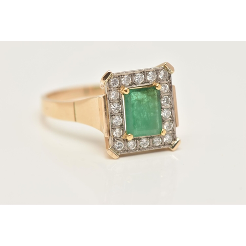 12 - A YELLOW METAL EMERALD AND DIAMOND CLUSTER RING, of a rectangular form, centrally set with an emeral... 