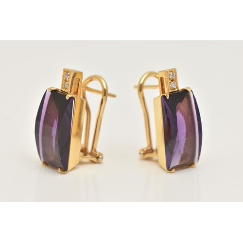 16 - A PAIR OF MODERN YELLOW METAL AMETHYST AND DIAMOND EARRINGS, each earring designed as a faceted rect... 