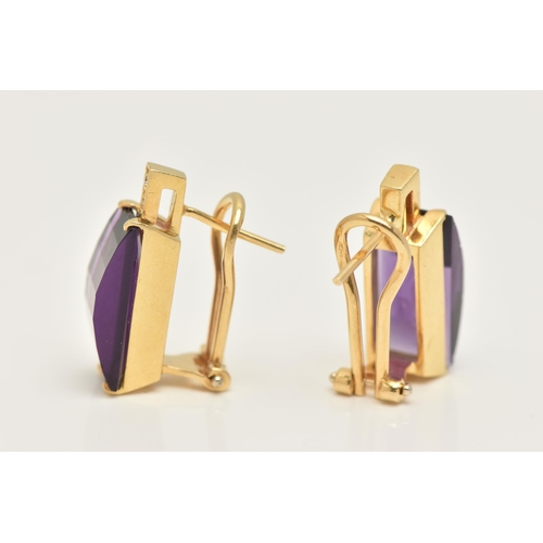 16 - A PAIR OF MODERN YELLOW METAL AMETHYST AND DIAMOND EARRINGS, each earring designed as a faceted rect... 