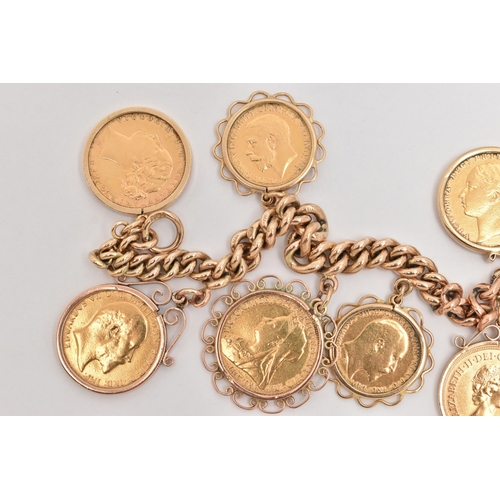 24 - A FULL AND HALF SOVEREIGN CHARM BRACELET, a yellow gold curb link bracelet, fitted with a lobster cl... 