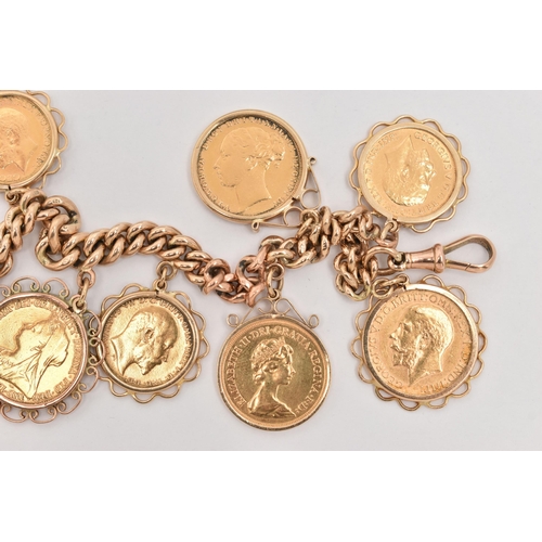 24 - A FULL AND HALF SOVEREIGN CHARM BRACELET, a yellow gold curb link bracelet, fitted with a lobster cl... 