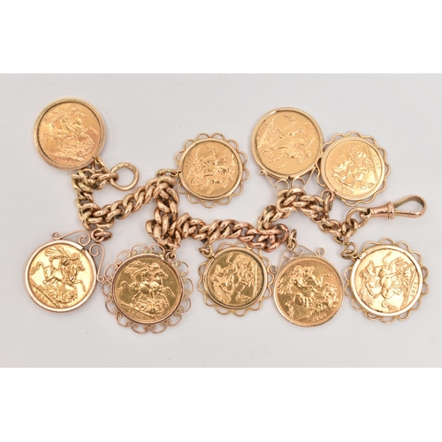 24 - A FULL AND HALF SOVEREIGN CHARM BRACELET, a yellow gold curb link bracelet, fitted with a lobster cl... 