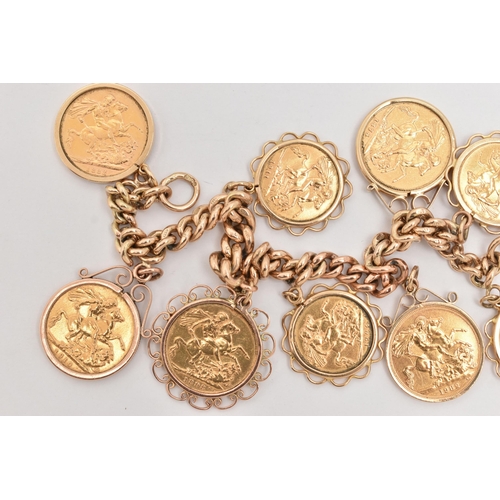 24 - A FULL AND HALF SOVEREIGN CHARM BRACELET, a yellow gold curb link bracelet, fitted with a lobster cl... 