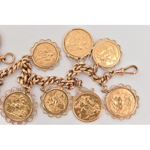 24 - A FULL AND HALF SOVEREIGN CHARM BRACELET, a yellow gold curb link bracelet, fitted with a lobster cl... 