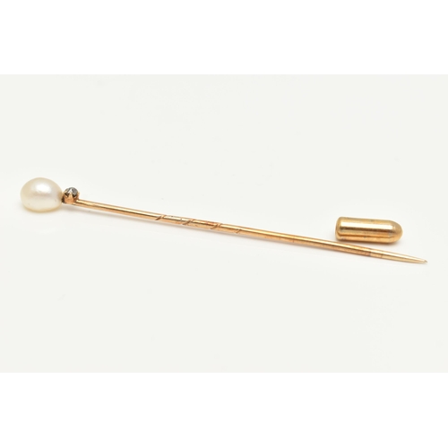 25 - A 14CT GOLD DIAMOND AND CULTURED PEARL STICK PIN, cultured pearl terminal atop a small old cut diamo... 