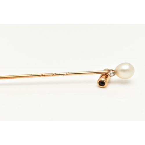 25 - A 14CT GOLD DIAMOND AND CULTURED PEARL STICK PIN, cultured pearl terminal atop a small old cut diamo... 