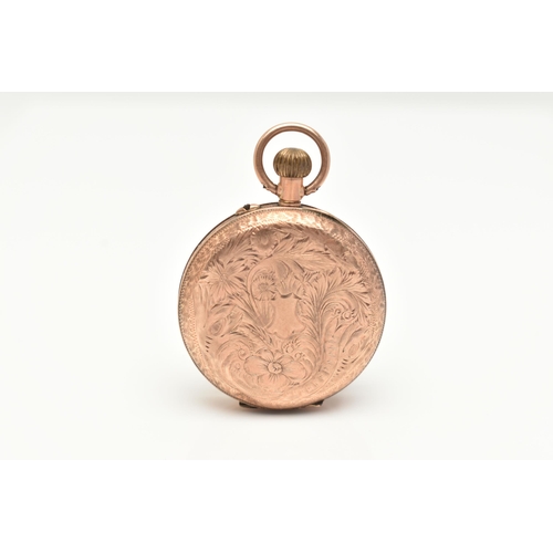 30 - A 9CT GOLD LADIES OPEN FACE POCKET WATCH, hand wound movement, round gilt dial with floral detail, R... 