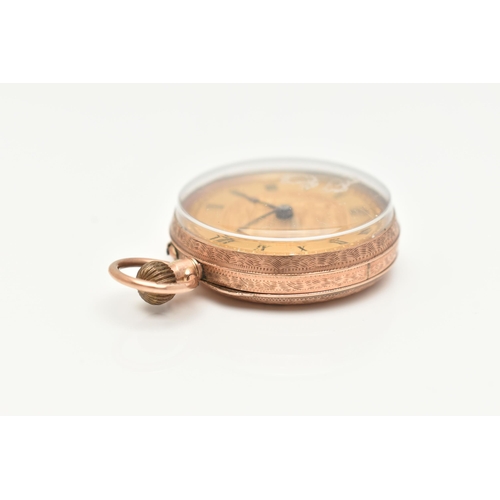 30 - A 9CT GOLD LADIES OPEN FACE POCKET WATCH, hand wound movement, round gilt dial with floral detail, R... 