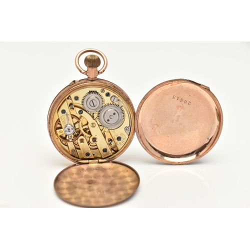 30 - A 9CT GOLD LADIES OPEN FACE POCKET WATCH, hand wound movement, round gilt dial with floral detail, R... 