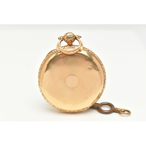 31 - A LATE GEORGIAN 18CT GOLD OPEN FACE POCKET WATCH, key wound movement, round gold tone dial with tri ... 