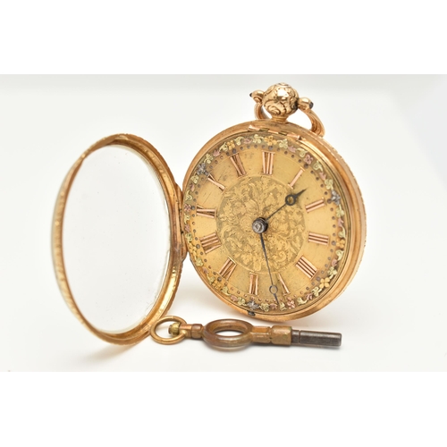 31 - A LATE GEORGIAN 18CT GOLD OPEN FACE POCKET WATCH, key wound movement, round gold tone dial with tri ... 