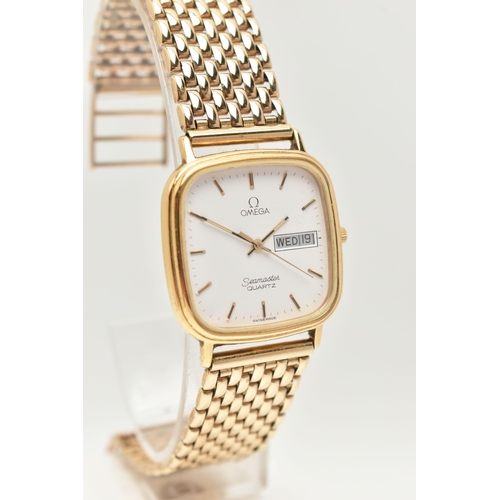 32 - AN 'OMEGA' SEAMASTER WATCH WITH 9CT GOLD BRACELET, quartz movement, white square dial signed 'Omega'... 