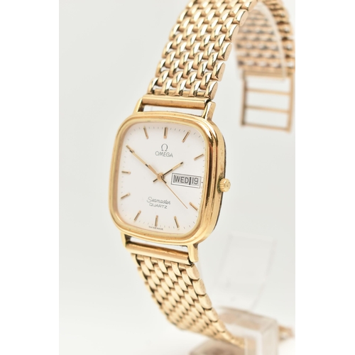 32 - AN 'OMEGA' SEAMASTER WATCH WITH 9CT GOLD BRACELET, quartz movement, white square dial signed 'Omega'... 