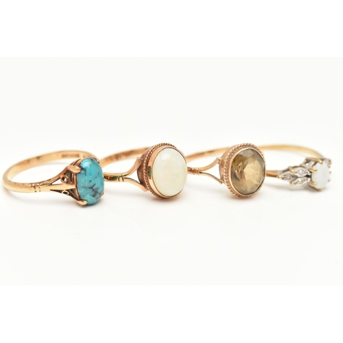 37 - FOUR 9CT GOLD GEM SET RINGS, to include an oval Smokey quartz ring with rope twist surround, a turqu... 