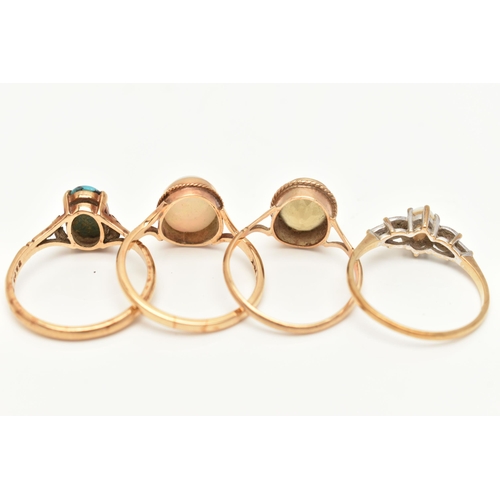 37 - FOUR 9CT GOLD GEM SET RINGS, to include an oval Smokey quartz ring with rope twist surround, a turqu... 