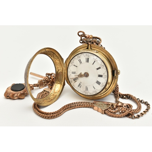 39 - A GEORGE III VERGE FUSEE POCKET WATCH BY GEORGE DUNCAN, the repousse pair case pocket watch with whi... 