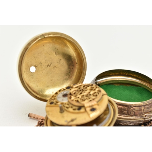 39 - A GEORGE III VERGE FUSEE POCKET WATCH BY GEORGE DUNCAN, the repousse pair case pocket watch with whi... 