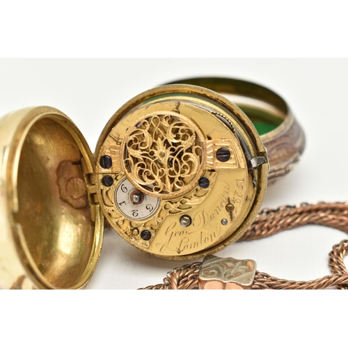 39 - A GEORGE III VERGE FUSEE POCKET WATCH BY GEORGE DUNCAN, the repousse pair case pocket watch with whi... 