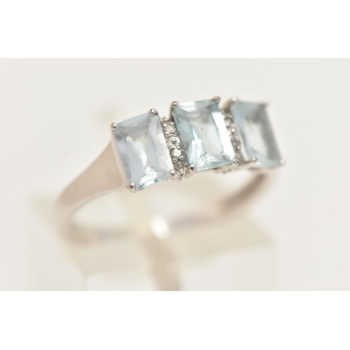 46 - A 9CT WHITE GOLD AQUAMARINE AND DIAMOND RING, set with three rectangular cut aquamarine, each in a f... 