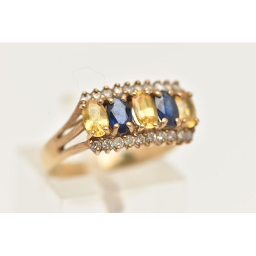 48 - A 9CT GOLD GEM SET RING, set with five alternating oval cut blue and yellow sapphires, each in a fou... 