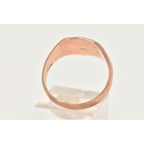 5 - A 9CT GOLD SIGNET RING, a rose tone shield design signet, approximate width 13mm, hallmarked 9ct Bir... 