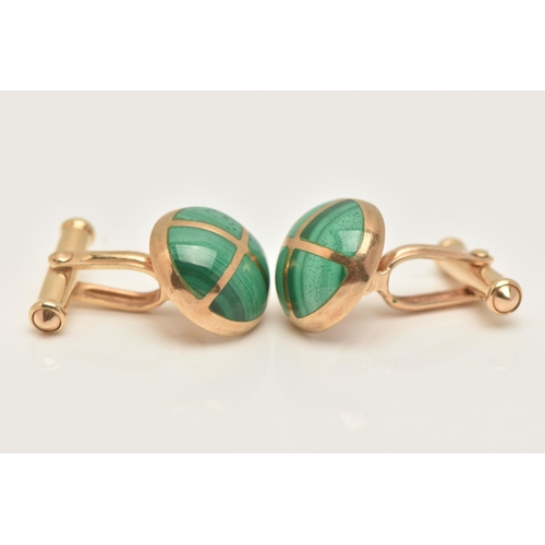 50 - A PAIR OF 9CT GOLD MALACHITE SET CUFFLINKS, each of a round design set with malachite, hallmarked 9c... 