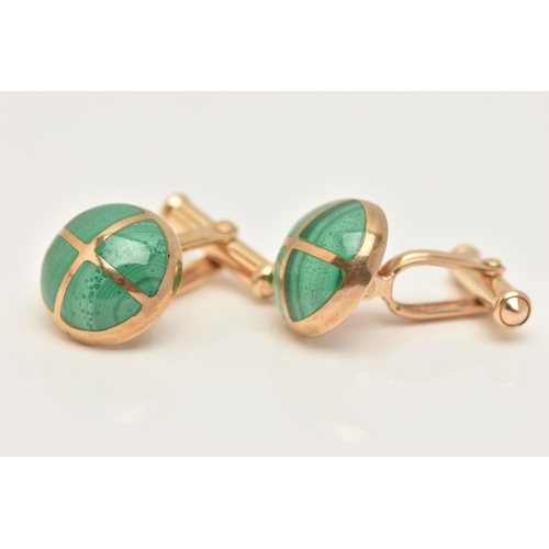 50 - A PAIR OF 9CT GOLD MALACHITE SET CUFFLINKS, each of a round design set with malachite, hallmarked 9c... 