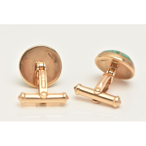 50 - A PAIR OF 9CT GOLD MALACHITE SET CUFFLINKS, each of a round design set with malachite, hallmarked 9c... 