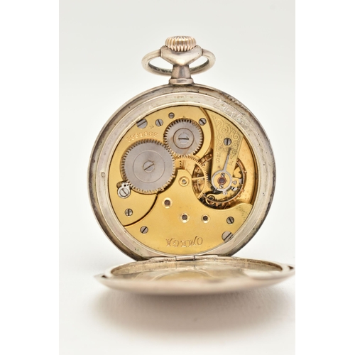 54 - AN 'OMEGA' OPEN FACE POCKET WATCH, AF broken/cracked glass, manual wind, round white dial signed 'Om... 