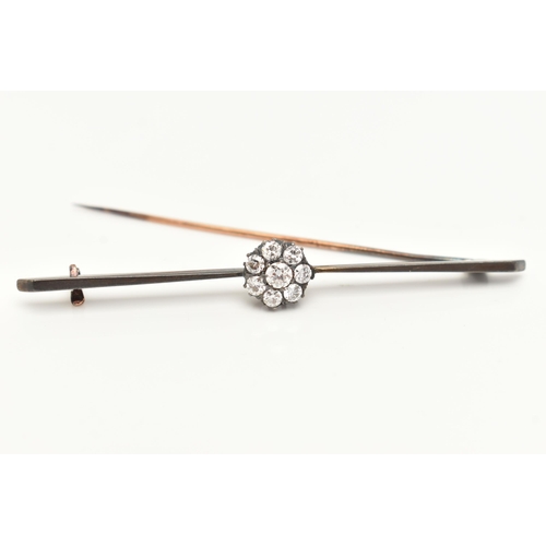 56 - A DIAMOND SET BAR BROOCH, discoloured bar, with a central circular cluster of seven old cut and roun... 